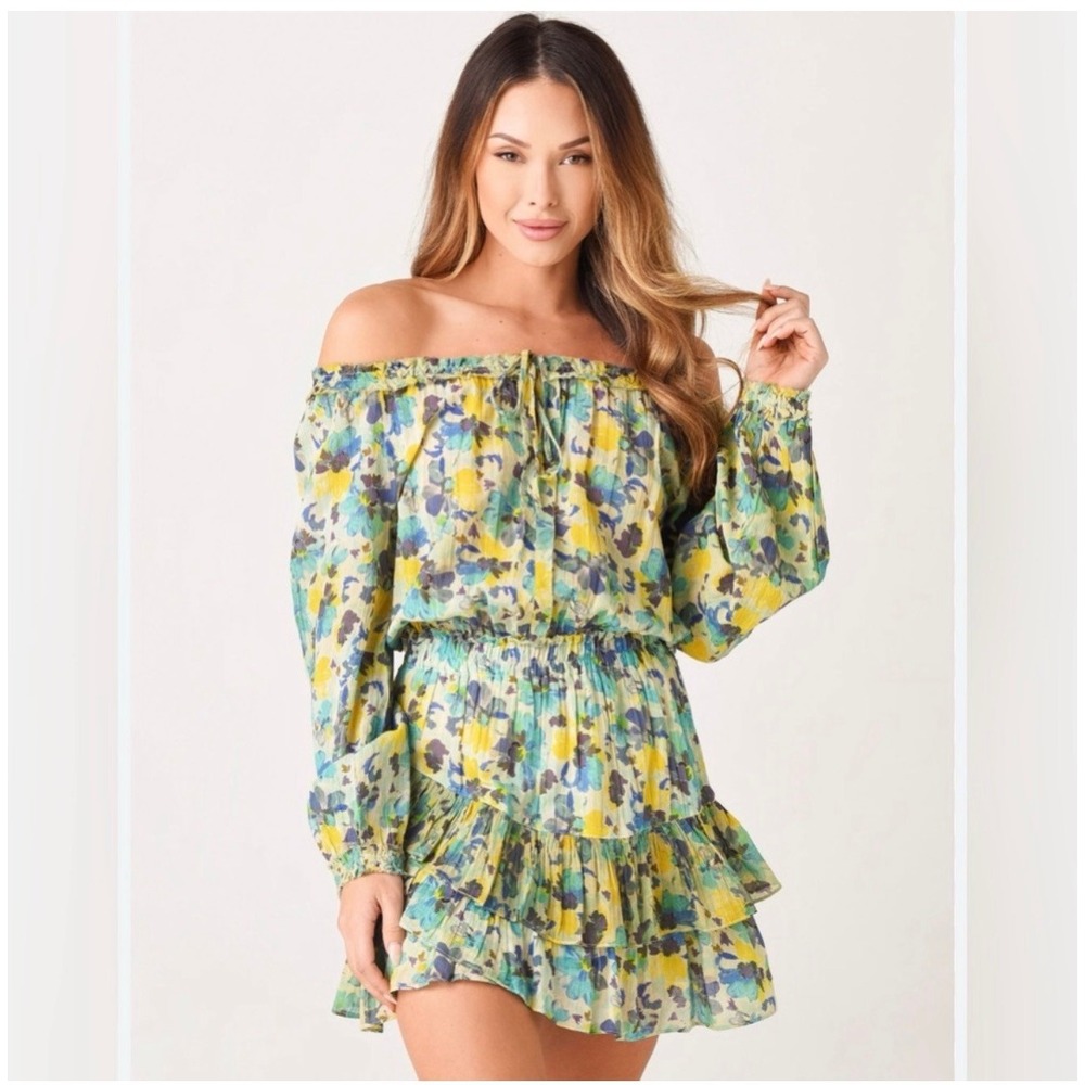 LoveShackFancy Blue Yellow Floral Cotton Smocked Tiered Ruffle Mini Dress Medium